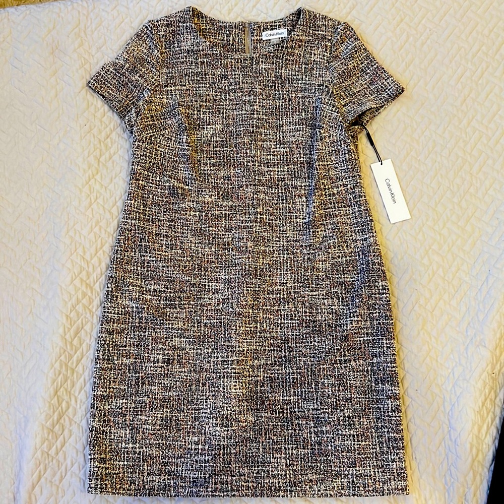 NWT multicolor tweed sheath dress. Knee length. Stretch fabric. Calvin Klein.